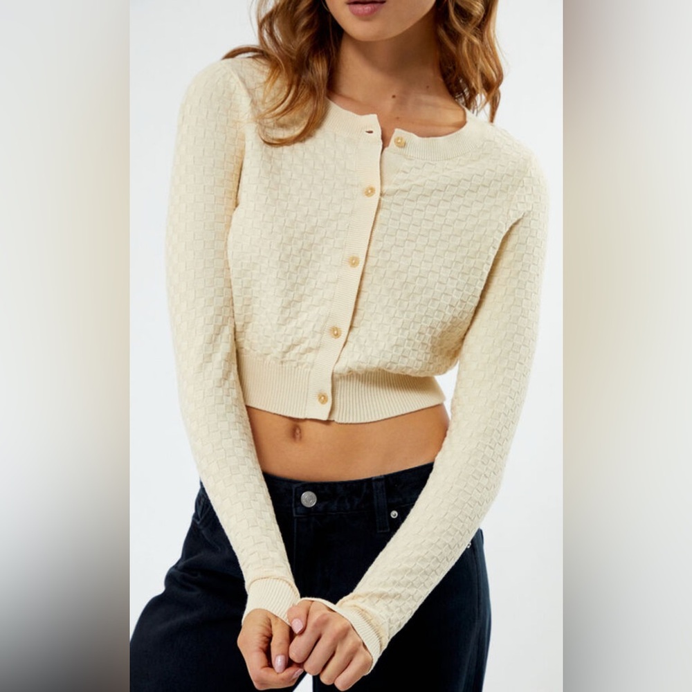 BILLABONG She Dances 2 Cardigan Cropped Buttoned Down Checker Knit Ivory/Cream S